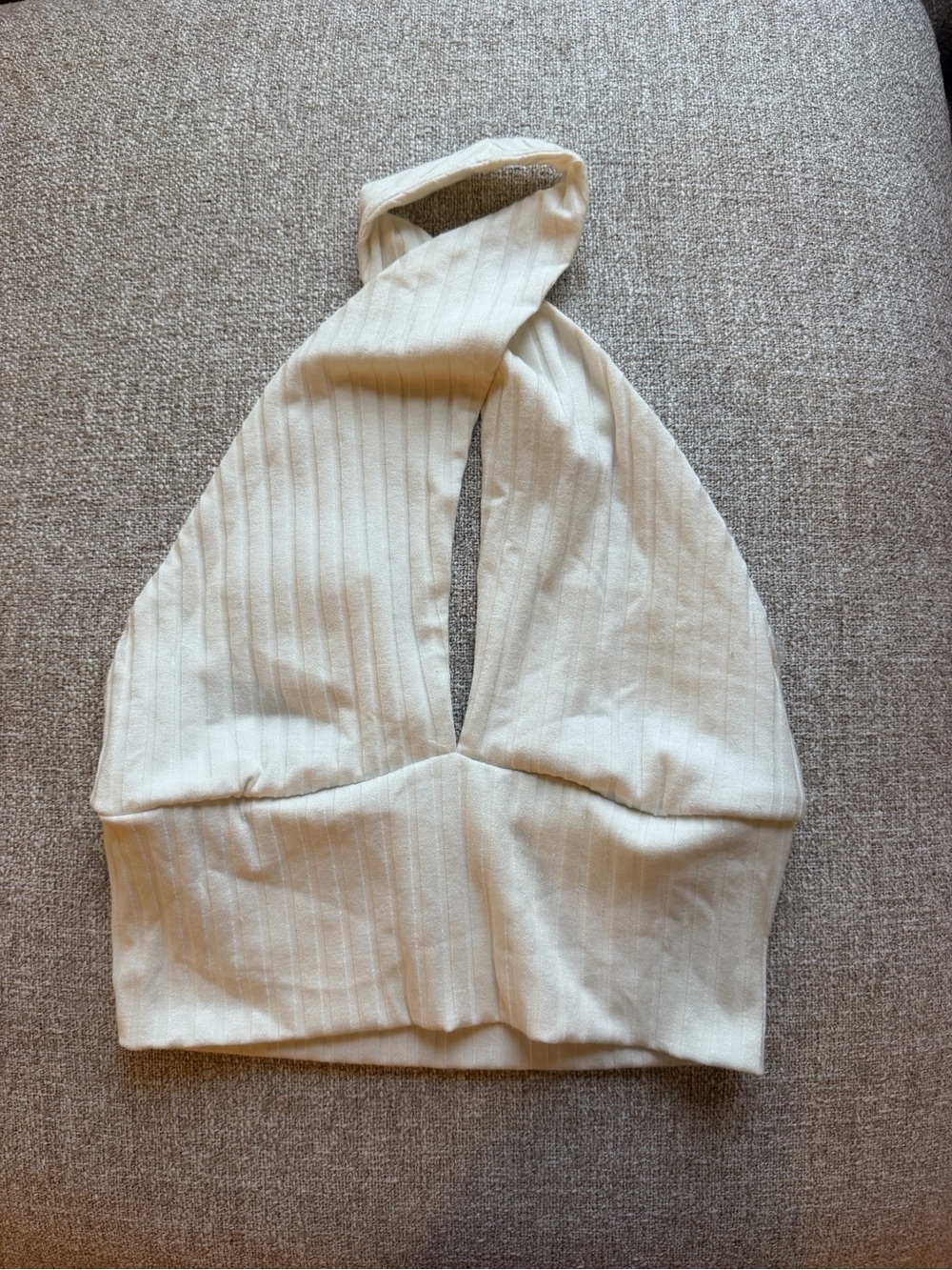 Francesca's Collections Cream Ribbed Halter Crop Top